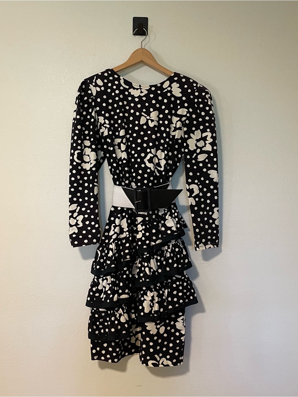 Vintage Black & White Floral Polka Dot Tiered Dress with Belt